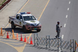 A roadblock for security measures near Serena Hotel, as Pakistan prepares to host the U.S. and Iran for peace talks, in Islamabad, Pakistan